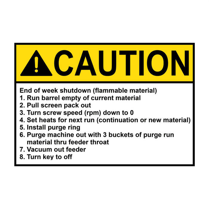 ANSI CAUTION End of week shutdown (flammable material) Sign