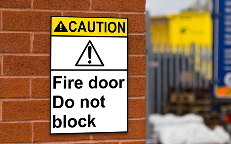 Portrait ANSI CAUTION Fire Door Do Not Block Sign with Symbol