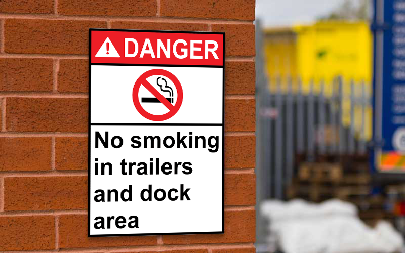 Portrait ANSI DANGER No Smoking In Trailers And Dock Area Sign with Symbol