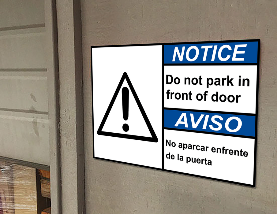 Bilingual ANSI NOTICE No Parking In Front Of Door Sign With Symbol