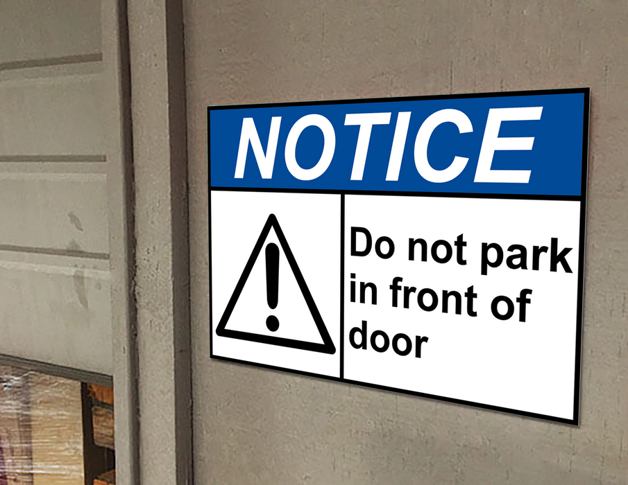 ANSI NOTICE No Parking In Front Of Door Sign with Symbol