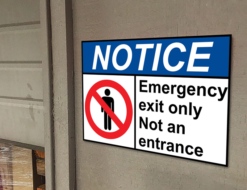 ANSI NOTICE Emergency exit only Not an entrance Sign with Symbol