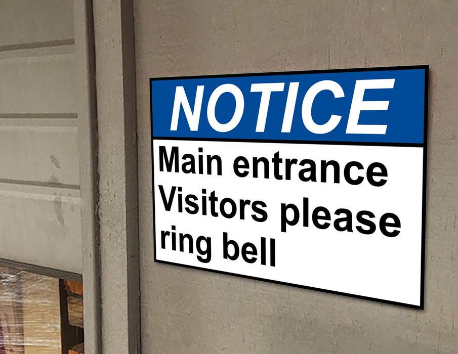 ANSI NOTICE Main entrance Visitors please ring bell Sign