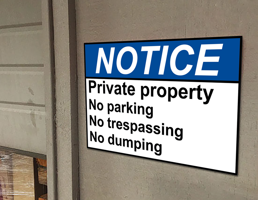 ANSI NOTICE Private property No parking No trespassing Sign