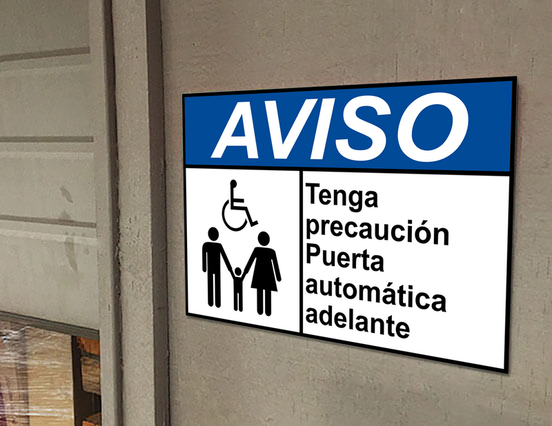 Spanish ANSI NOTICE Use Caution Automatic Door Ahead Sign With Symbol