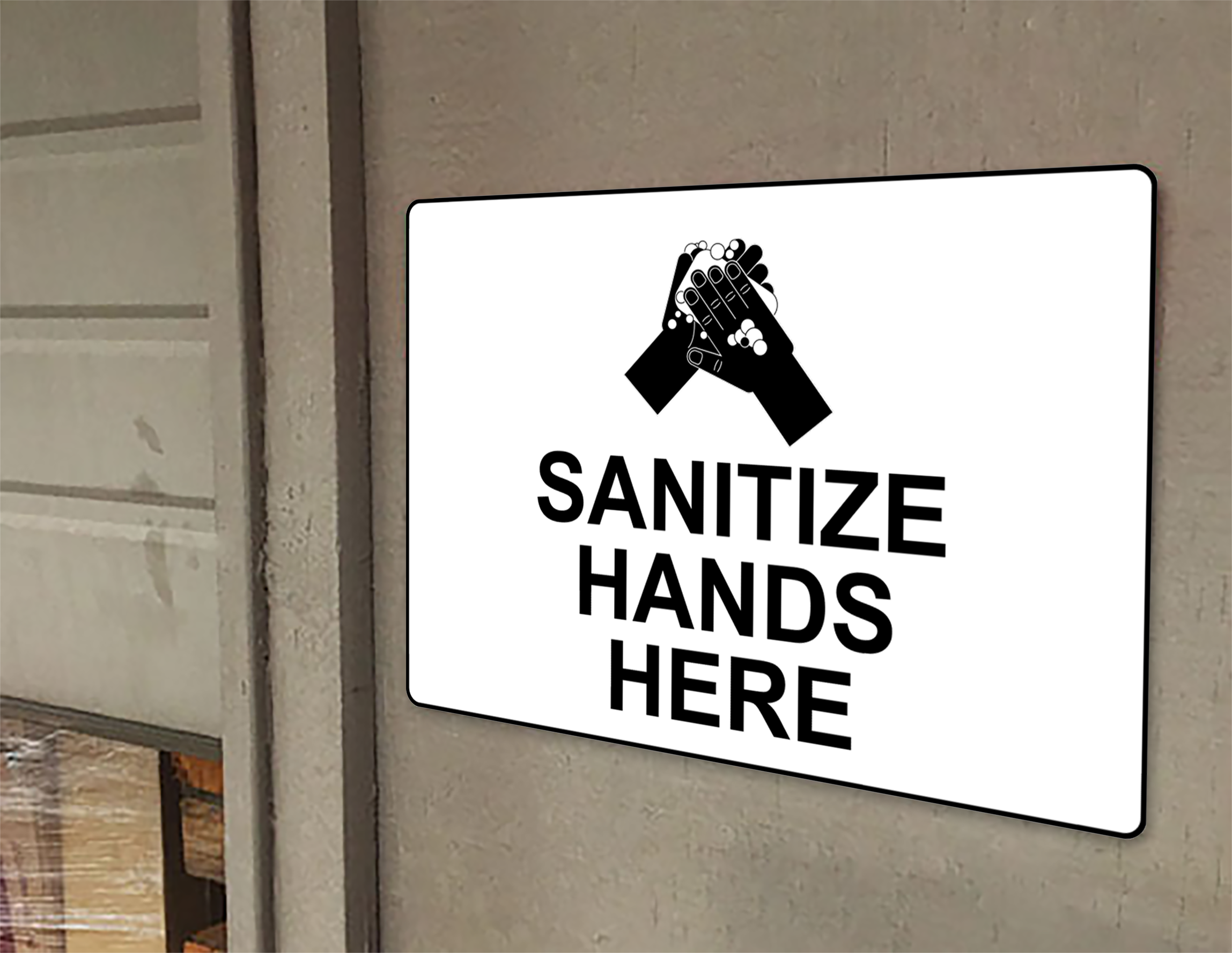 Sanitice las manos aquí. Señal para lavarse las manos. Lávese las manos.