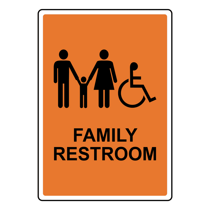 Portrait Orange Accessible FAMILY RESTROOM Sign With Symbol