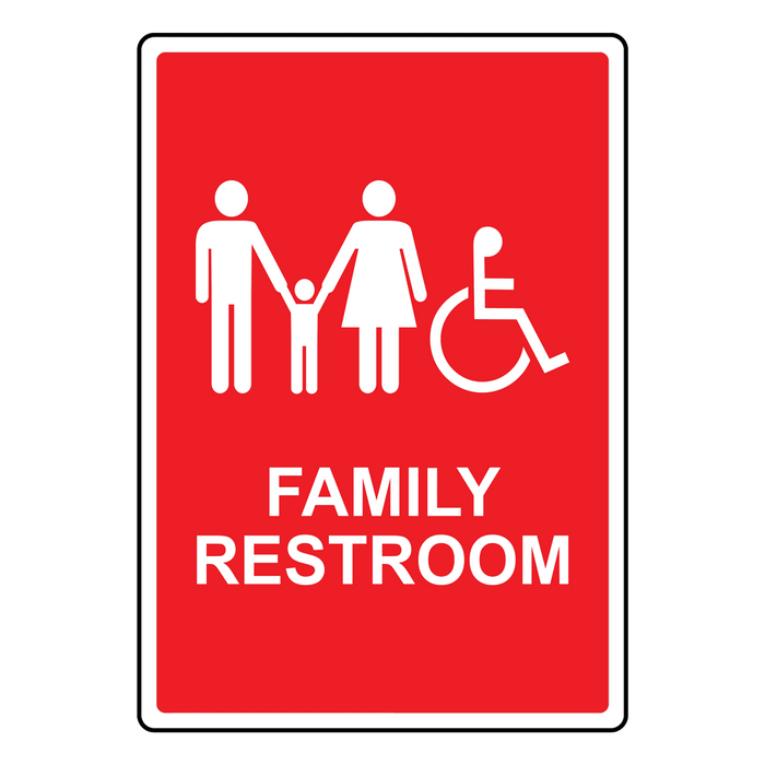 Portrait Red Accessible FAMILY RESTROOM Sign With Symbol