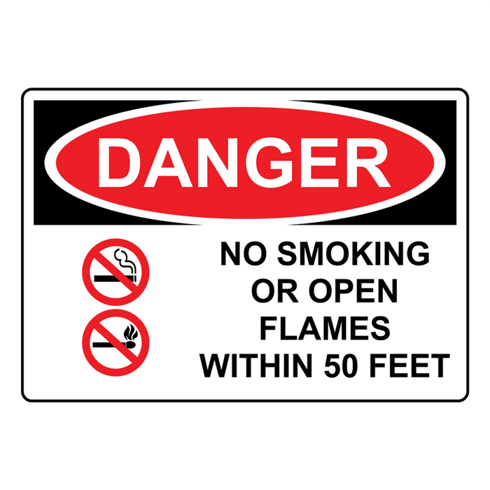 OSHA DANGER No Smoking Or Open Flames Within 50 Feet Sign With Symbol