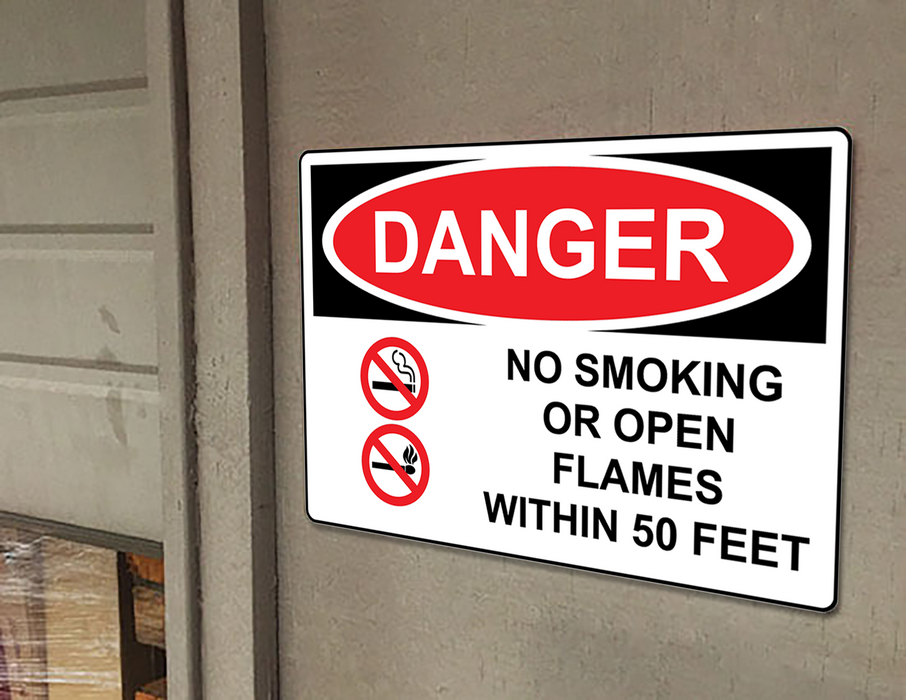 OSHA DANGER No Smoking Or Open Flames Within 50 Feet Sign With Symbol