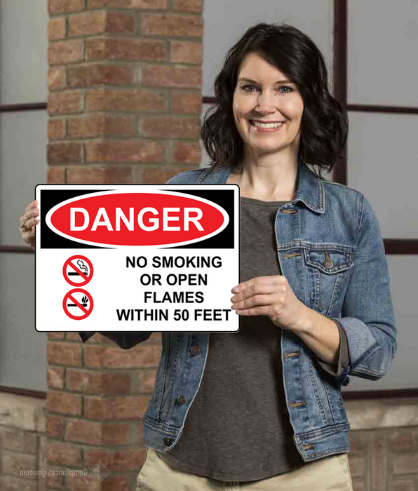 OSHA DANGER No Smoking Or Open Flames Within 50 Feet Sign With Symbol