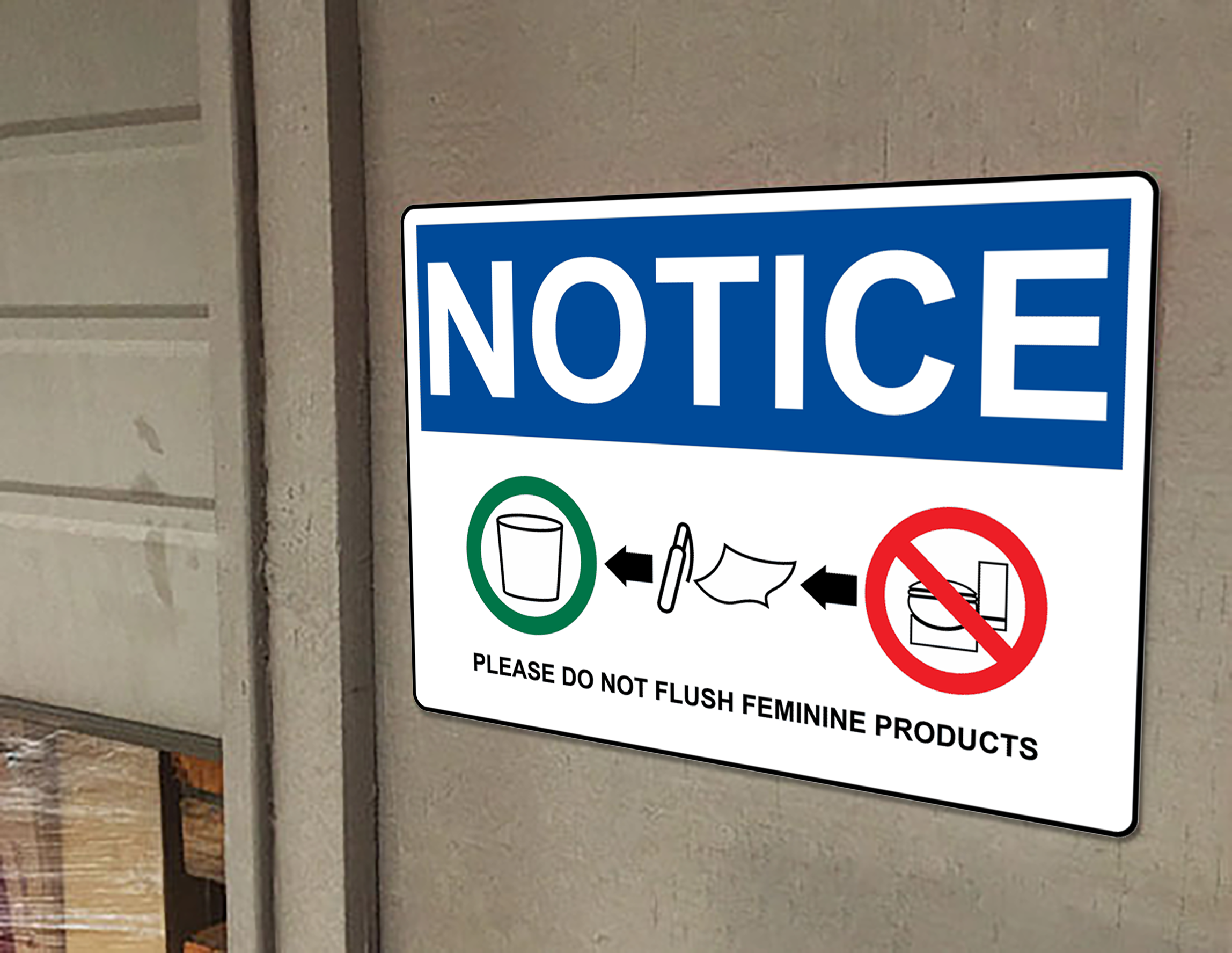 AVISO DE OSHA Por favor, no arroje productos femeninos al inodoro Señal con símbolo