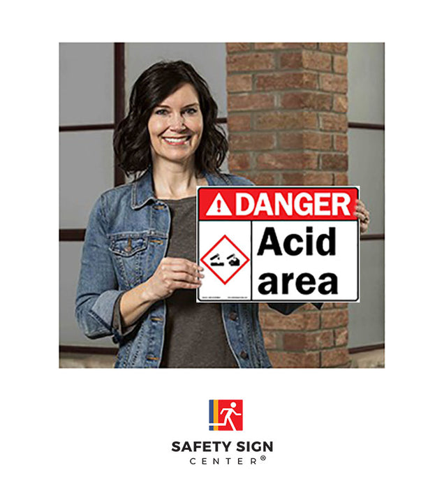 ANSI DANGER Acid area Sign with GHS Symbol