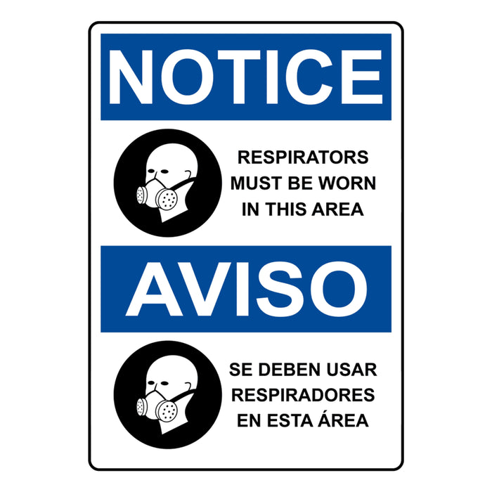 English + Spanish OSHA NOTICE Respirators Must Be Worn In This Area Sign With Symbol