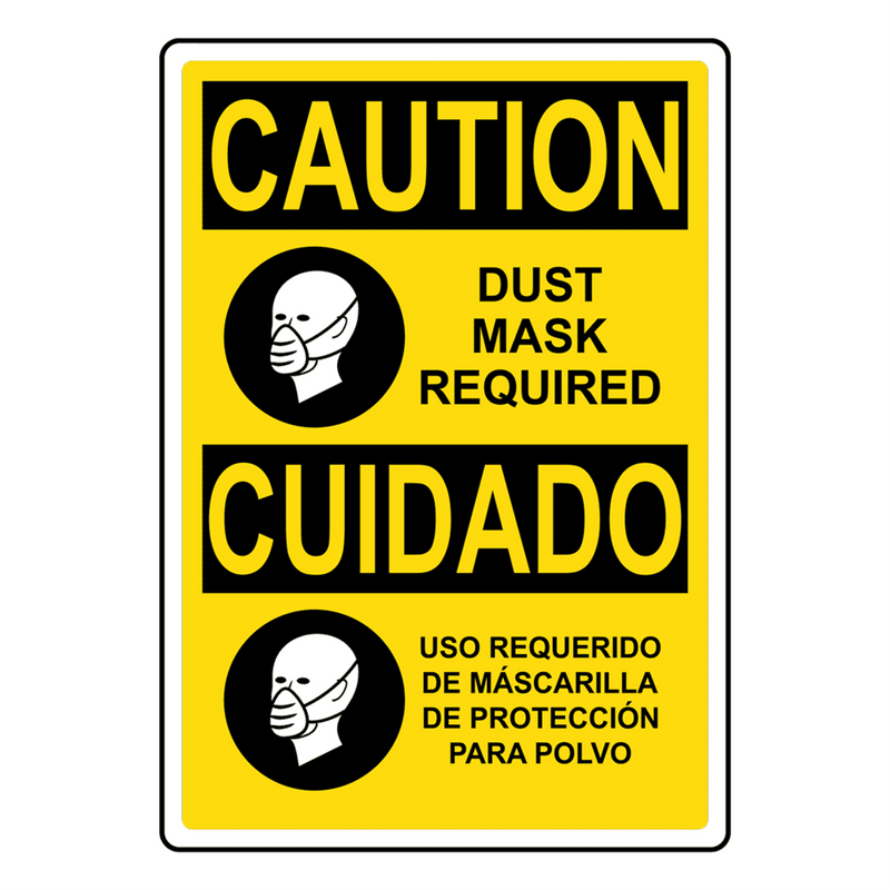 English + Spanish OSHA CAUTION Dust Mask Required Sign With Symbol
